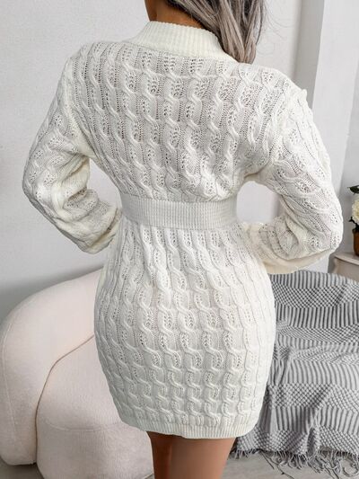 Cable-Knit Round Neck Mini Wrap Sweater Dress Trandify deal