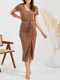Ruched Slit V-Neck Short Sleeve Dress Trandify deal