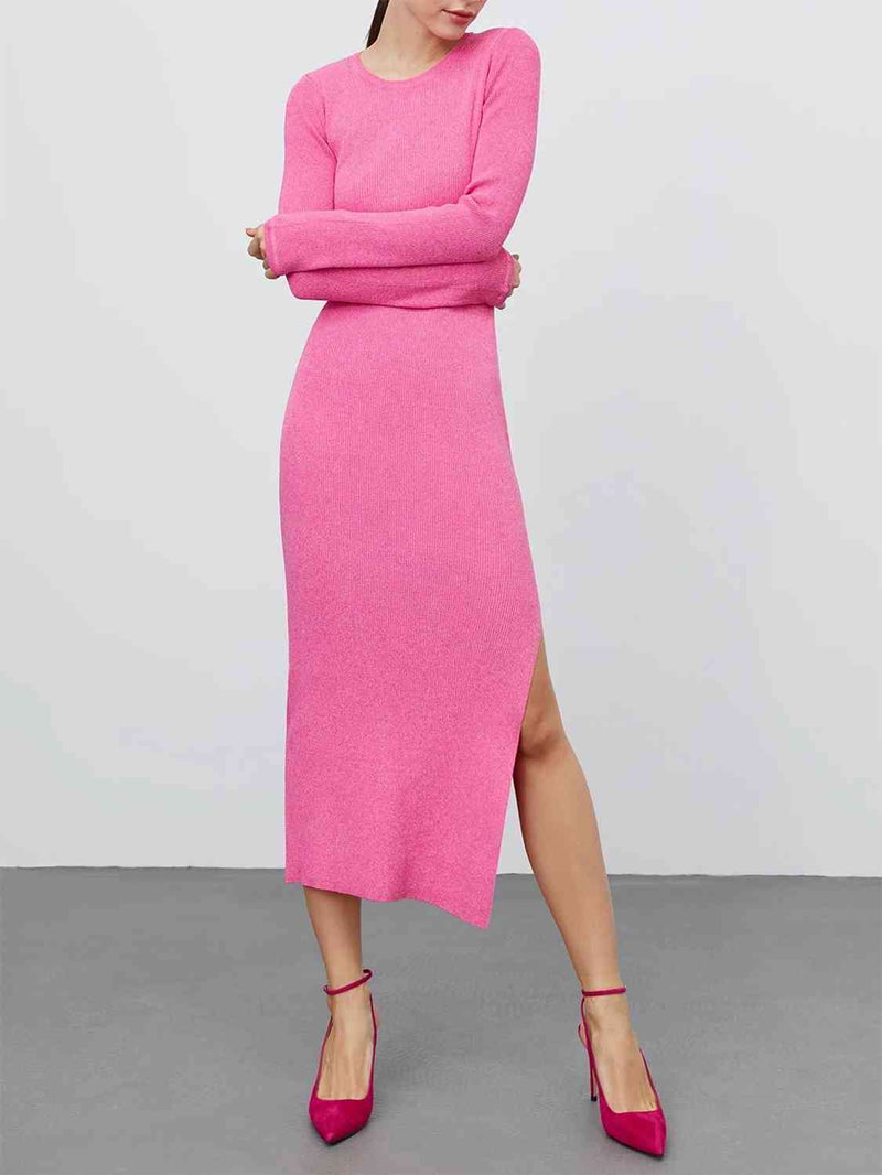 Round Neck Slit Sweater Dress Trandify deal