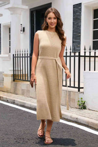 Round Neck Tie Belt Slit Sleeveless Sweater Dress Trandify deal