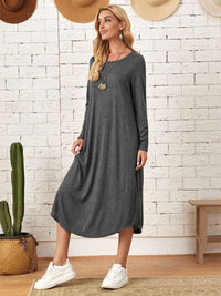 Pocketed Round Neck Long Sleeve Tee Dress Trandify deal