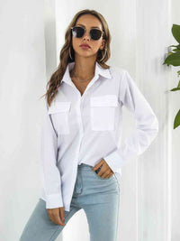 Collared Neck Buttoned Shirt with Pockets Trandify deal