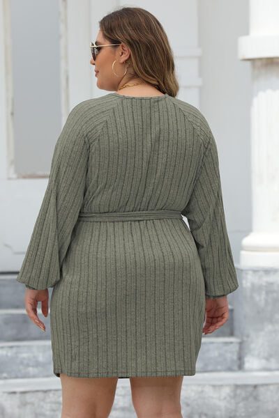 Plus Size Ribbed Tie Front Long Sleeve Sweater Dress Trandify deal