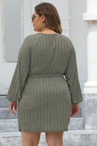 Plus Size Ribbed Tie Front Long Sleeve Sweater Dress Trandify deal