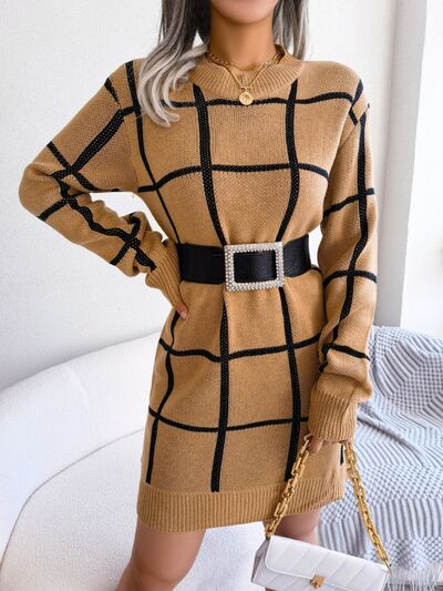 Plaid Round Neck Dropped Shoulder Sweater Dress Trandify deal