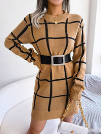 Plaid Round Neck Dropped Shoulder Sweater Dress Trandify deal