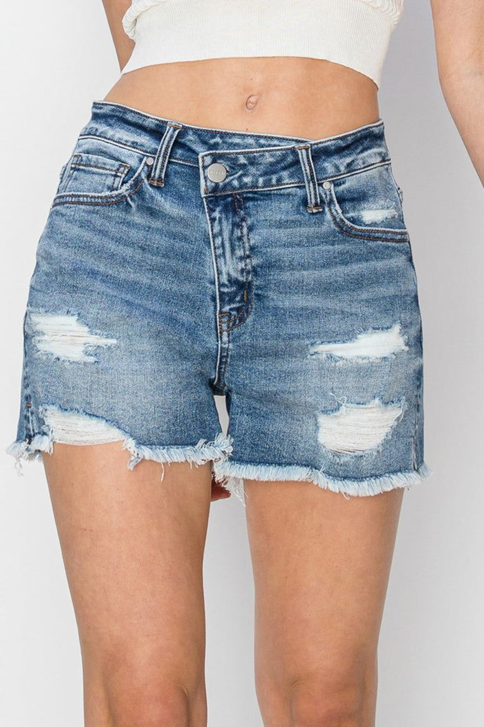 RISEN Stepped Waist Frayed Denim Shorts Trandify deal