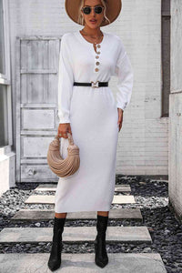 Notched Neck Dropped Shoulder Button-Down Midi Dress Trandify deal