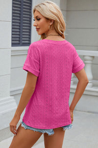 Eyelet V-Neck Short Sleeve T-Shirt Trandify deal