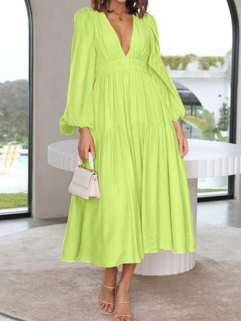 Deep V-Neck Balloon Sleeve Plain Maxi Dress Trandify deal