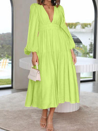 Deep V-Neck Balloon Sleeve Plain Maxi Dress Trandify deal
