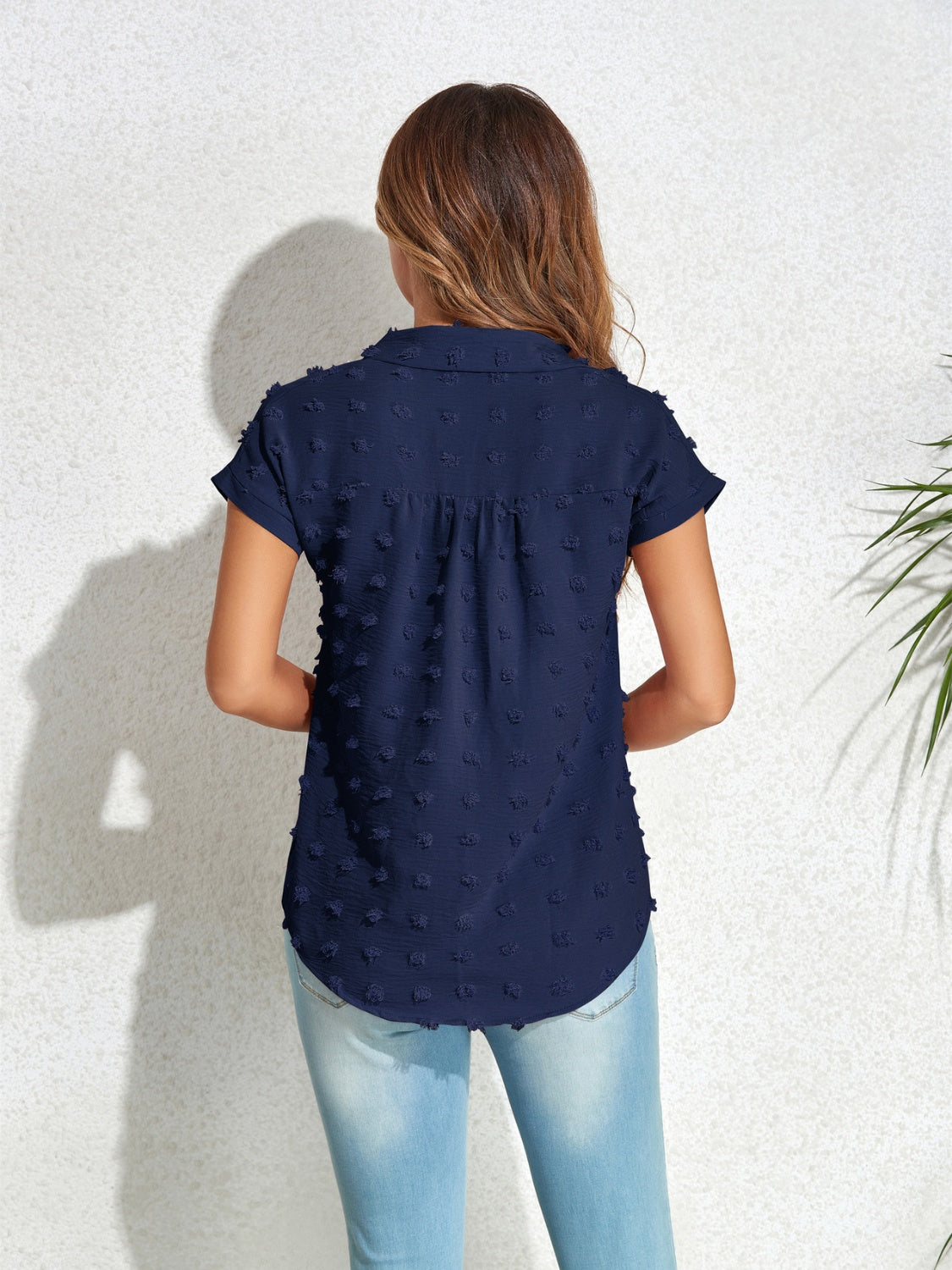 Swiss Dot Button Up Cap Sleeve Shirt Trandify deal