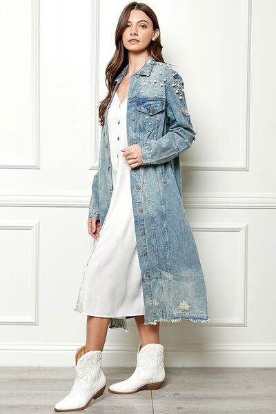 Veveret Full Size Distressed Raw Hem Pearl Detail Button Up Jacket Trandify deal