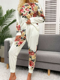 Printed Round Neck Top and Drawstring Pants Lounge Set Trandify deal