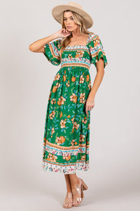 SAGE + FIG Printed Smocked Short Sleeve Midi Dress Trandify deal