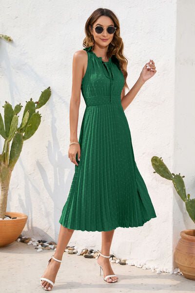 Swiss Dot Tie Neck Sleeveless Dress Trandify deal