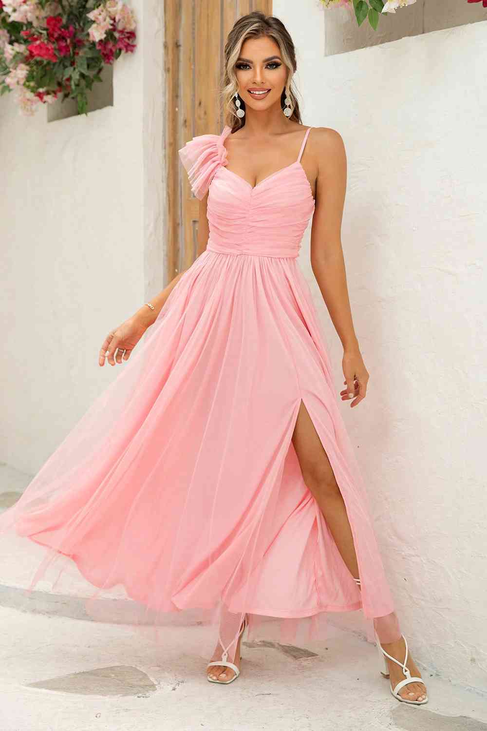 Asymmetrical Ruched Slit Dress Trandify deal