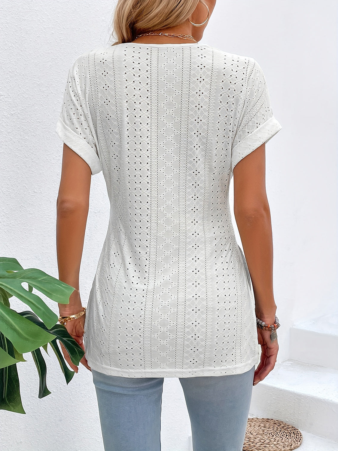 Slit Eyelet V-Neck Short Sleeve Blouse Trandify deal