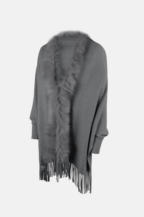 Fringe Open Front Long Sleeve Poncho Trandify deal