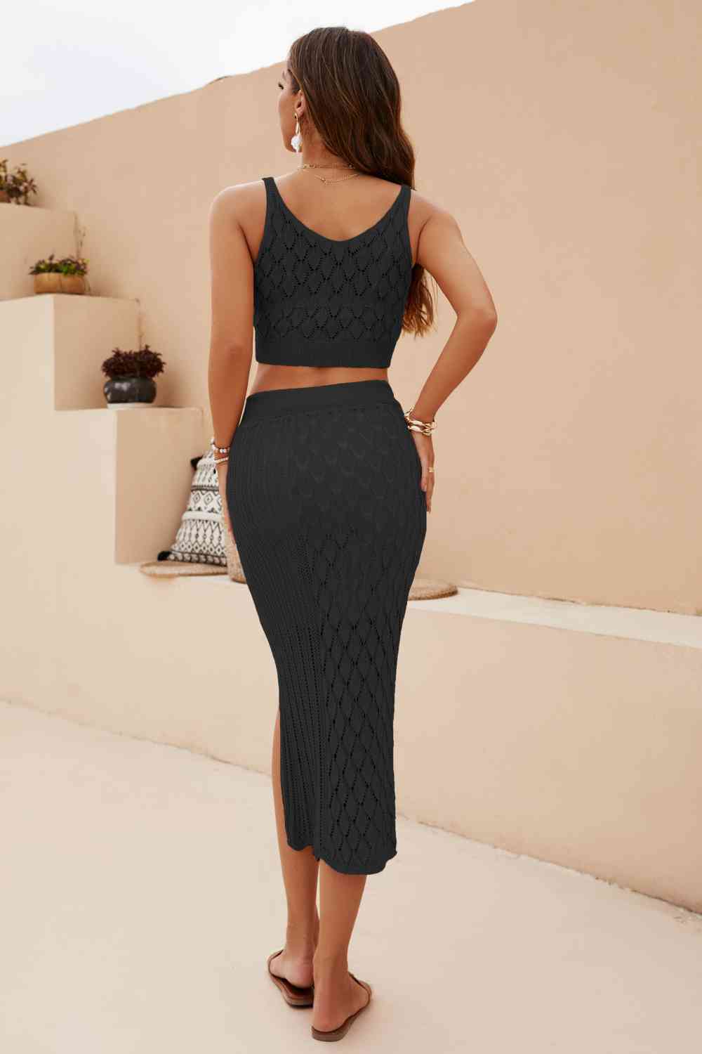 Openwork Cropped Tank and Split Skirt Set Trandify deal