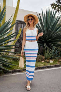 Striped Openwork Cropped Tank and Split Skirt Set Trandify deal