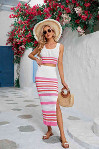 Striped Openwork Cropped Tank and Split Skirt Set Trandify deal