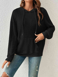 Ribbed Dropped Shoulder Drawstring Hoodie Trandify deal