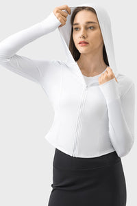 Pocketed Zip Up Hooded Long Sleeve Active Outerwear Trandify deal