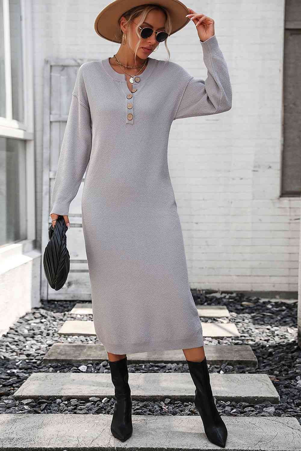 Notched Neck Dropped Shoulder Button-Down Midi Dress Trandify deal