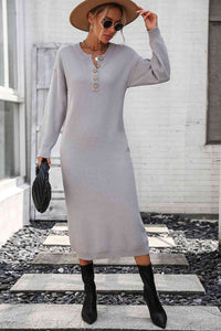 Notched Neck Dropped Shoulder Button-Down Midi Dress Trandify deal