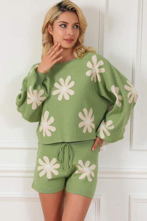 Flower Pattern Long Sleeve Sweater and Drawstring Shorts Set Trandify deal