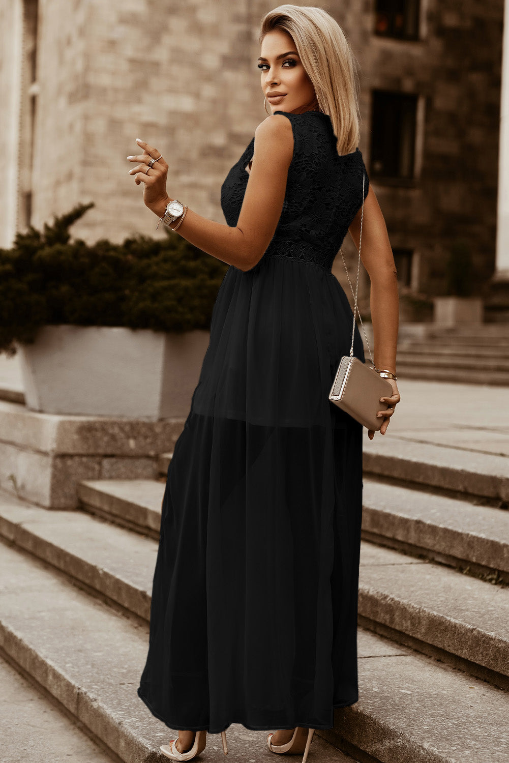 Slit Lace Detail V-Neck Dress Trandify deal