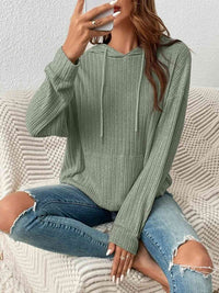 Ribbed Dropped Shoulder Drawstring Hoodie Trandify deal