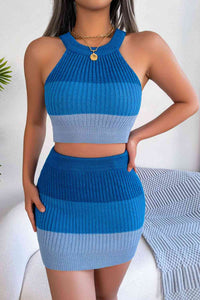 Color Block Sleeveless Crop Knit Top and Skirt Set Trandify deal