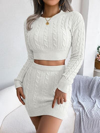 Cable-Knit Round Neck Top and Skirt Sweater Set Trandify deal