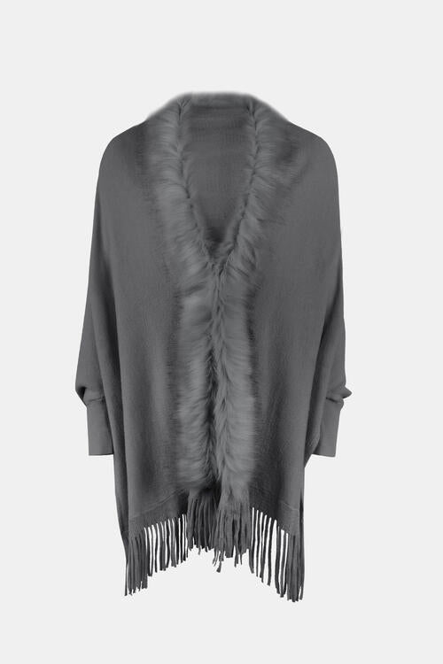 Fringe Open Front Long Sleeve Poncho Trandify deal