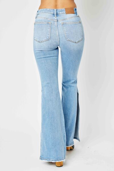 Judy Blue Full Size Mid Rise Raw Hem Slit Flare Jeans Trandify deal