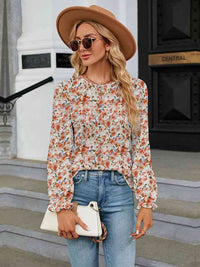 Printed Round Neck Flounce Sleeve Blouse Trandify deal