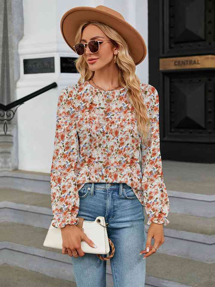 Printed Round Neck Flounce Sleeve Blouse Trandify deal