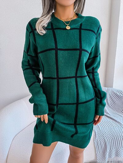 Plaid Round Neck Dropped Shoulder Sweater Dress Trandify deal