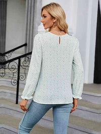 Printed Round Neck Flounce Sleeve Blouse Trandify deal