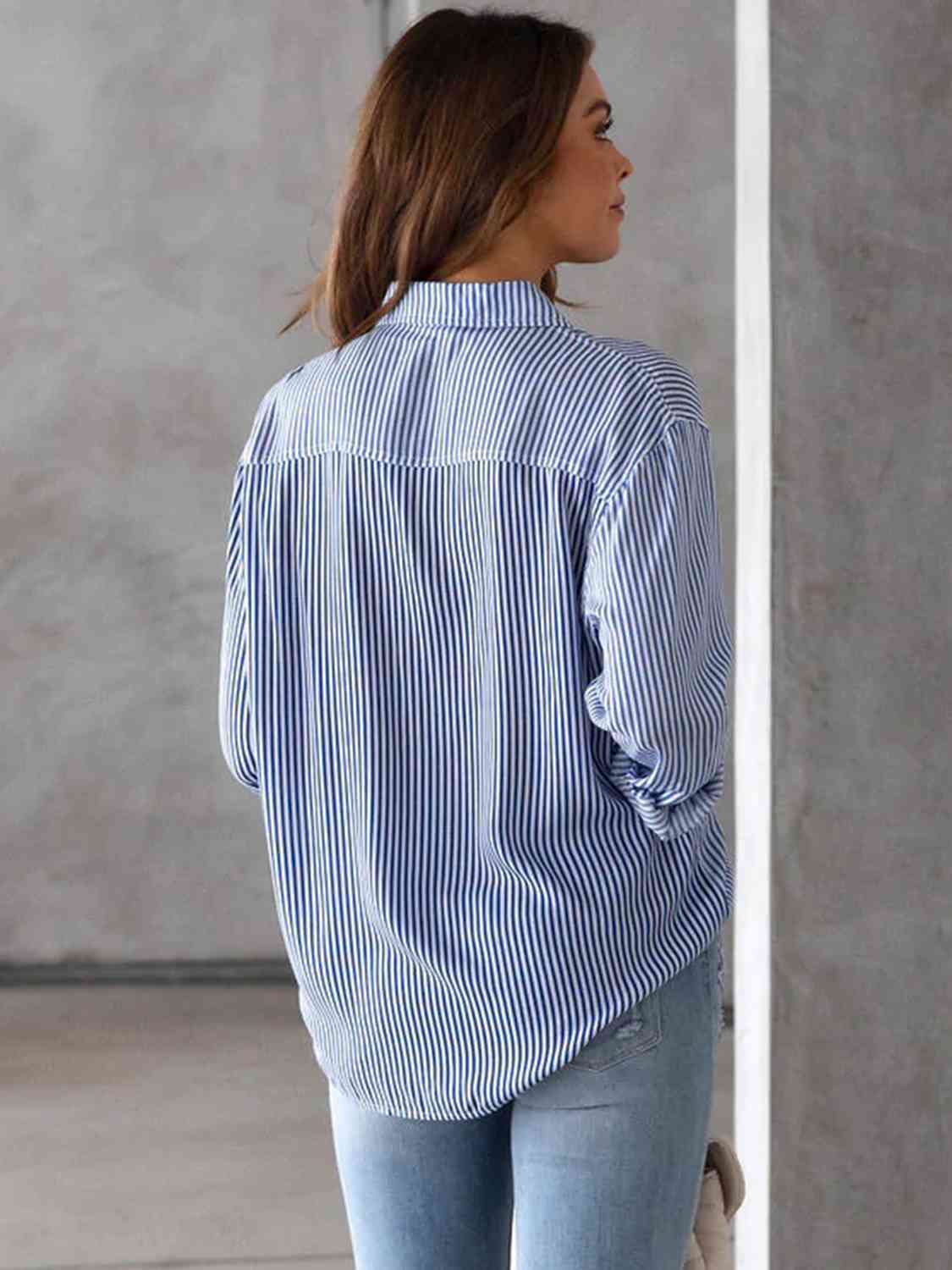Striped Collared Neck Shirt with Pocket Trandify deal