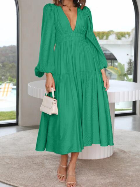 Deep V-Neck Balloon Sleeve Plain Maxi Dress Trandify deal
