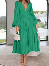 Deep V-Neck Balloon Sleeve Plain Maxi Dress Trandify deal