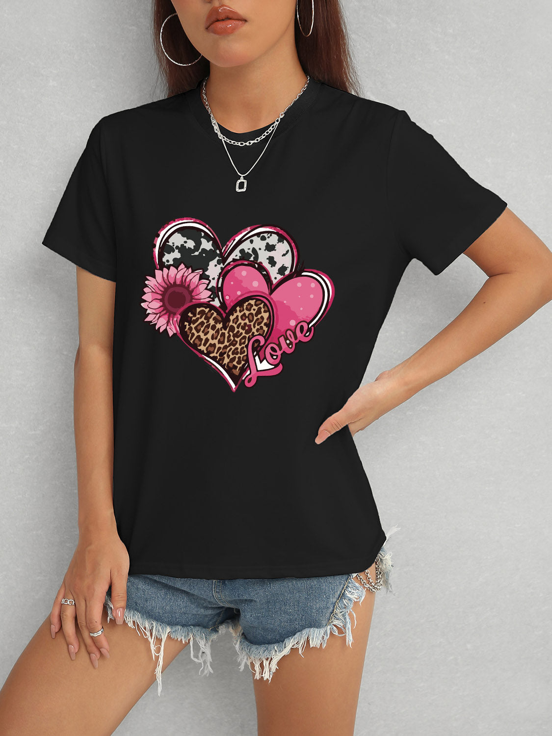Heart Round Neck Short Sleeve T-Shirt Trandify deal