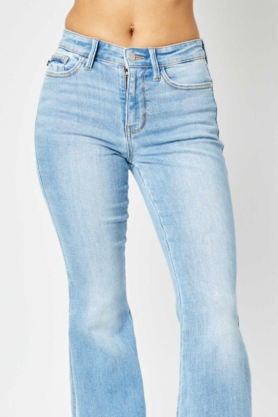 Judy Blue Full Size Mid Rise Raw Hem Slit Flare Jeans Trandify deal
