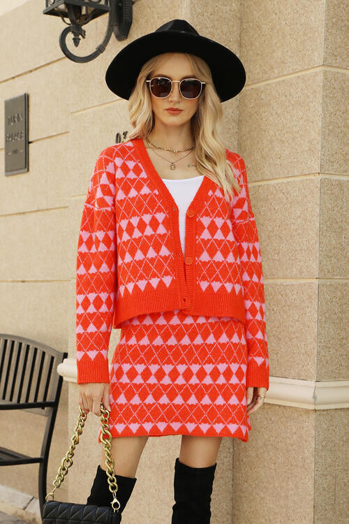 Geometric Button Front Cardigan and Skirt Set Trandify deal