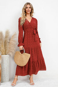 Swiss Dot Tied Surplice Flounce Sleeve Dress Trandify deal