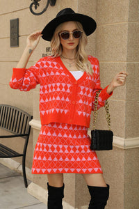 Geometric Button Front Cardigan and Skirt Set Trandify deal