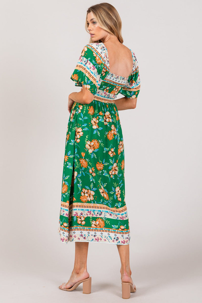 SAGE + FIG Printed Smocked Short Sleeve Midi Dress Trandify deal